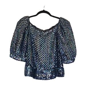 Vtg Partique NY Crochet Sequin Puff Sleeve Cropped Iridescent Glam Rock Top